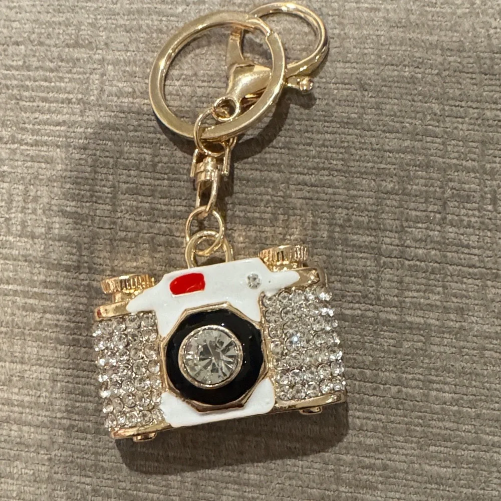Gold and White Camera Keychain
